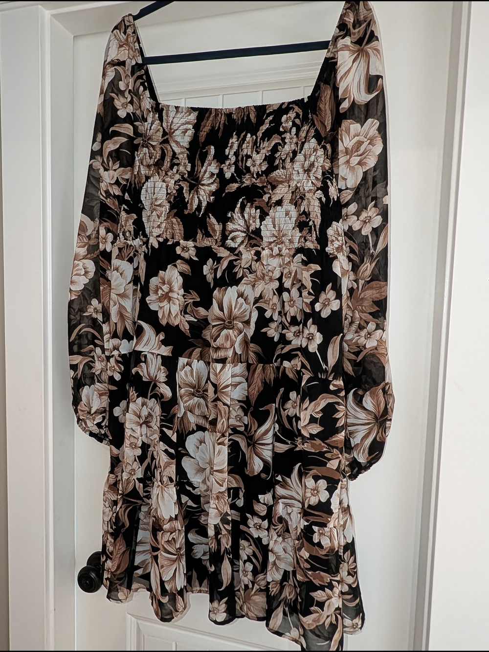 Long-Sleeve Floral Smocked knee length Dress in Black & Brown